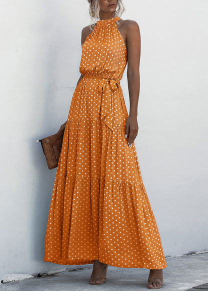 Green Halter Dot Print Patchwork Cotton Dresses Sleeveless