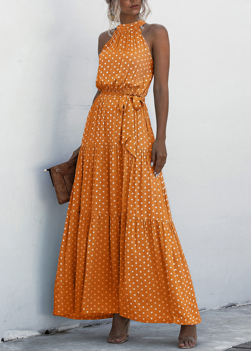 Green Halter Dot Print Patchwork Cotton Dresses Sleeveless