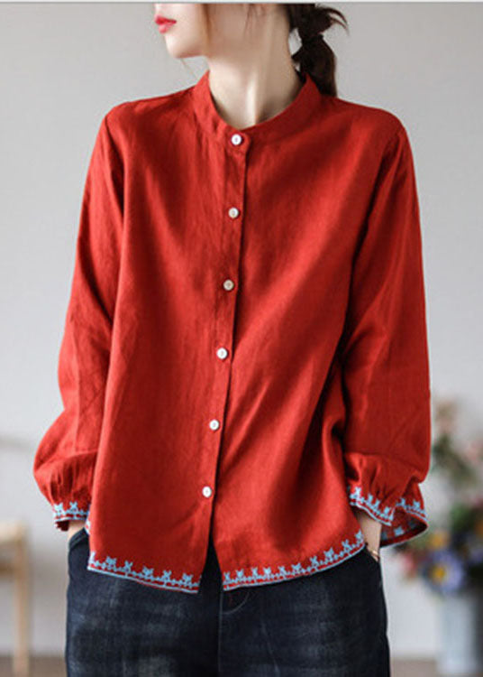 Style Red Embroidered Wrinkled Fall Top Long Sleeve