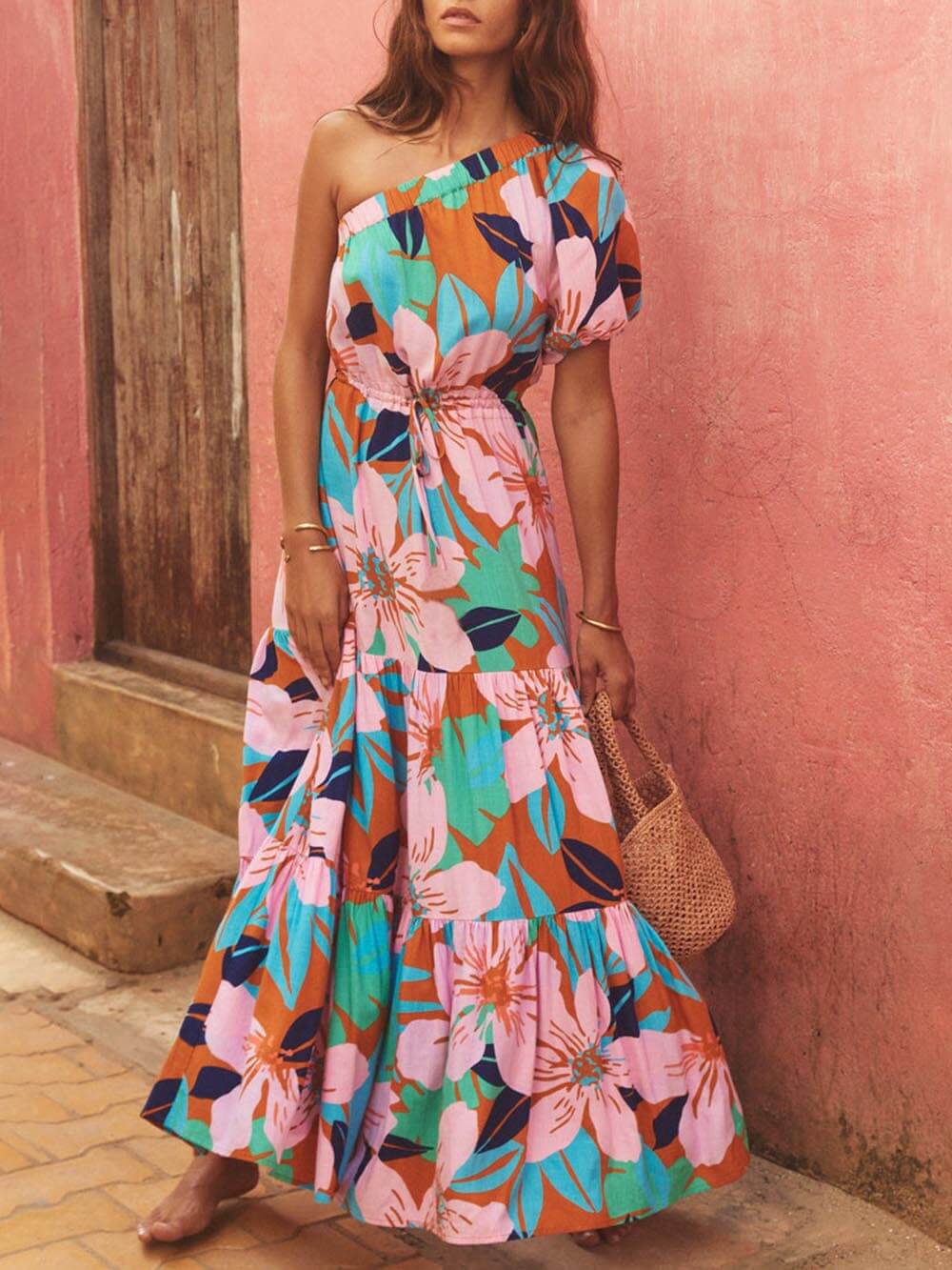 Off-shoulder Palm Leaf Print Holiday Style Dress