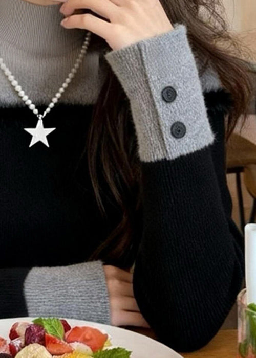 Black Turtleneck Patchwork False Two Pieces Knit Sweater Winter