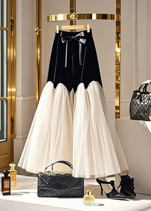 Black Bow High Waist Tulle Patchwork Silk Velvet Skirt Spring