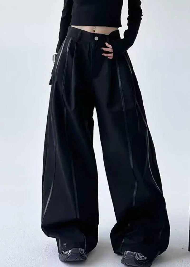 Black Striped Patchwork Pockets Lantern Pants Spring