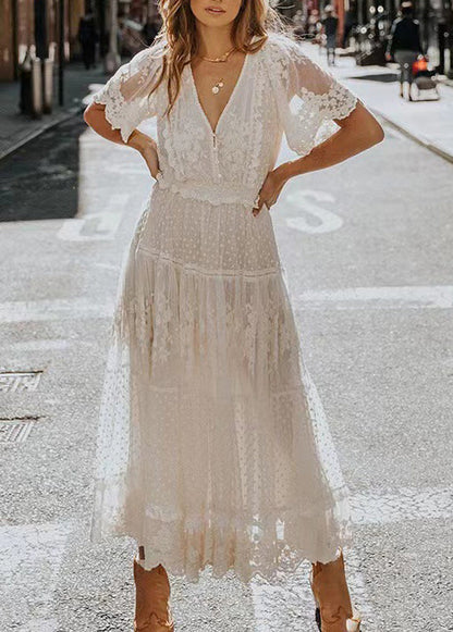 French White V Neck Patchwork Lace Long Dresses Summer