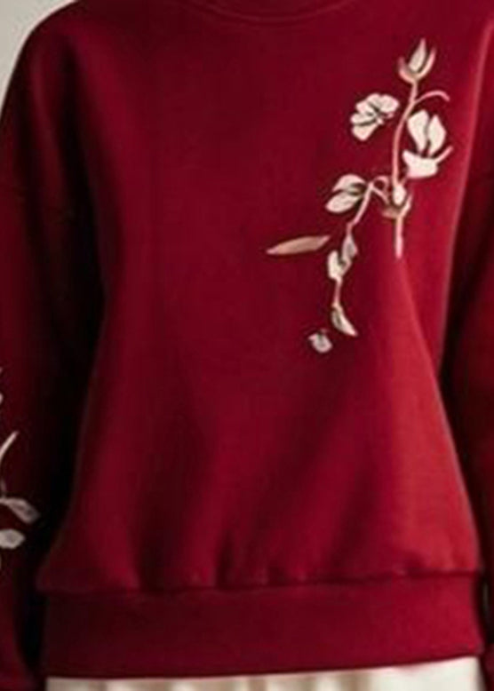Red Patchwork Print Fall Sweatshirts Top