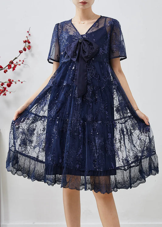 Diy Navy Sequins Embroidered Tulle Bow Dresses Summer