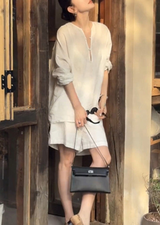 White Button Shirts and Pockets Shorts Cotton Two Pieces Set Summer