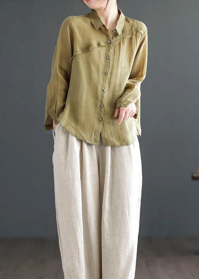 Green Peter Pan Collar Patchwork Linen Blouses Long Sleeve