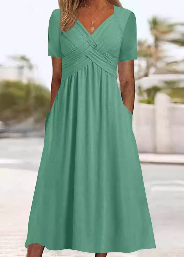 New Green V Neck Pockets Cotton Long Dress Summer