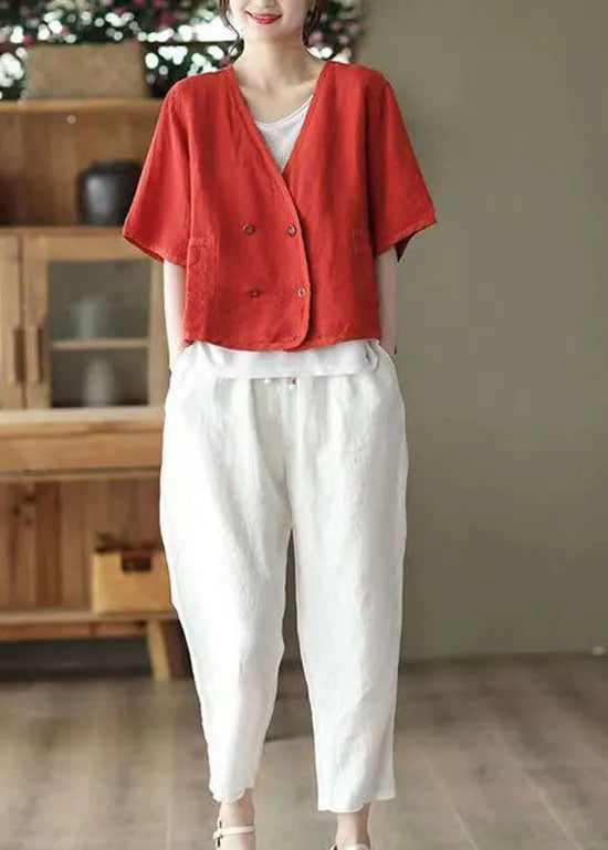 Red V Neck Double Breast Linen Cardigan Summer