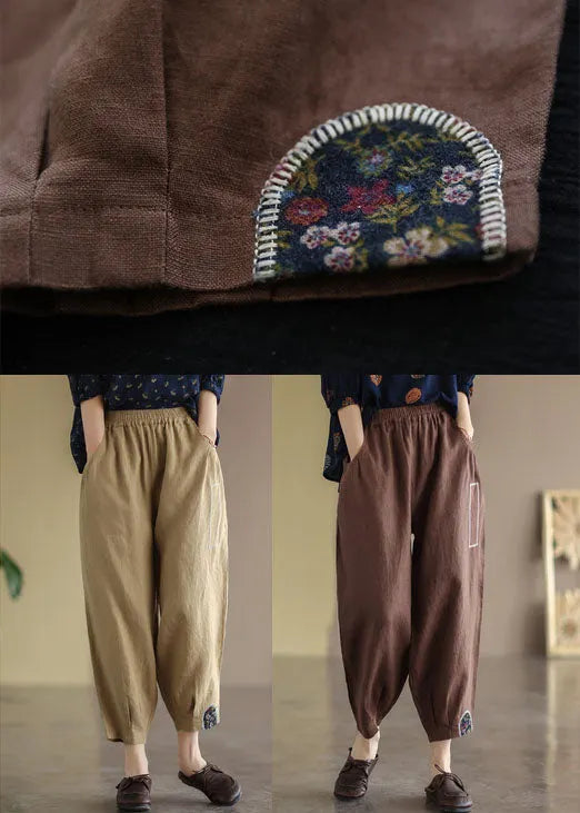 Khaki Elastic Waist Patchwork Applique Linen Harem Pants Fall