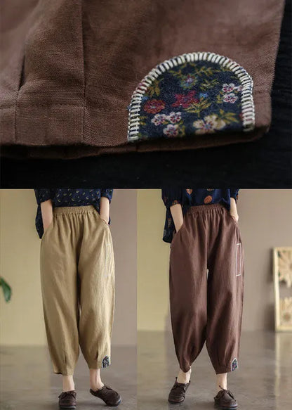 Khaki Elastic Waist Patchwork Applique Linen Harem Pants Fall