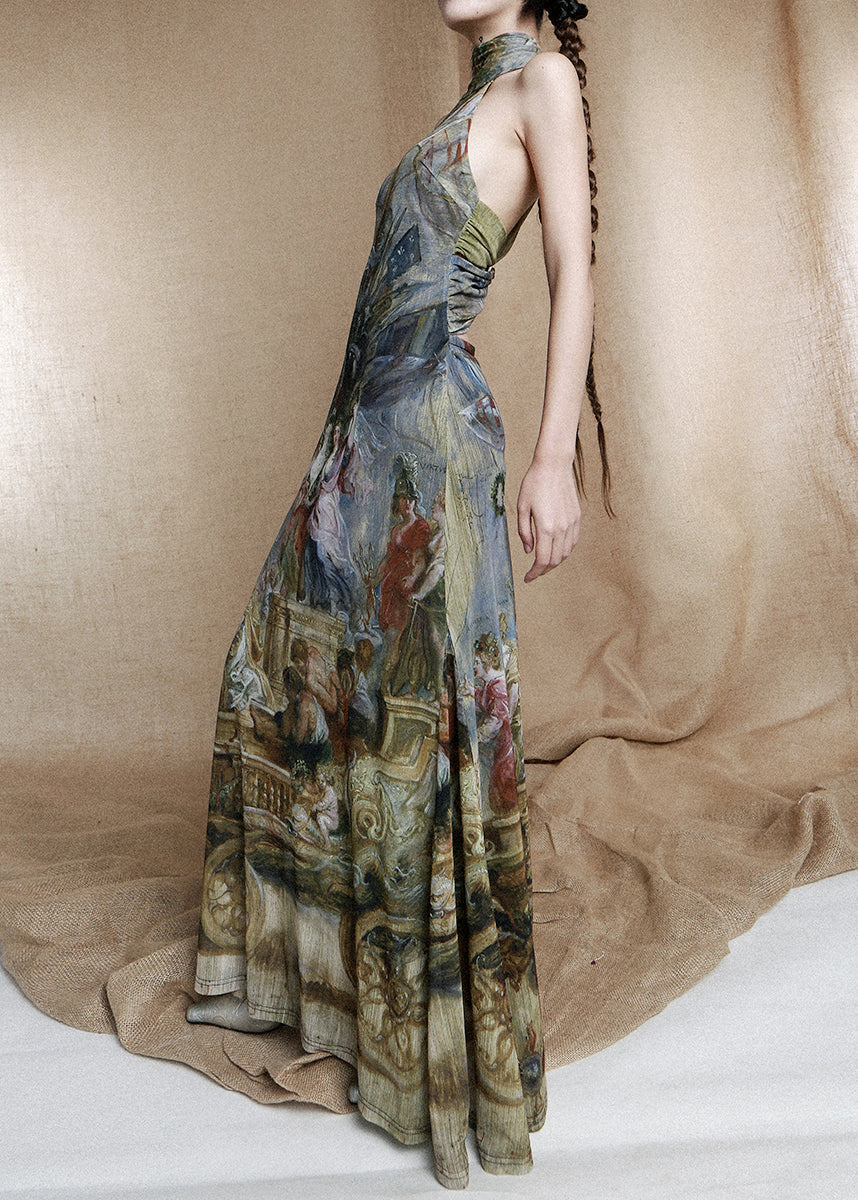 Unique Colorblock Turtleneck Print Cotton Long Dress Sleeveless