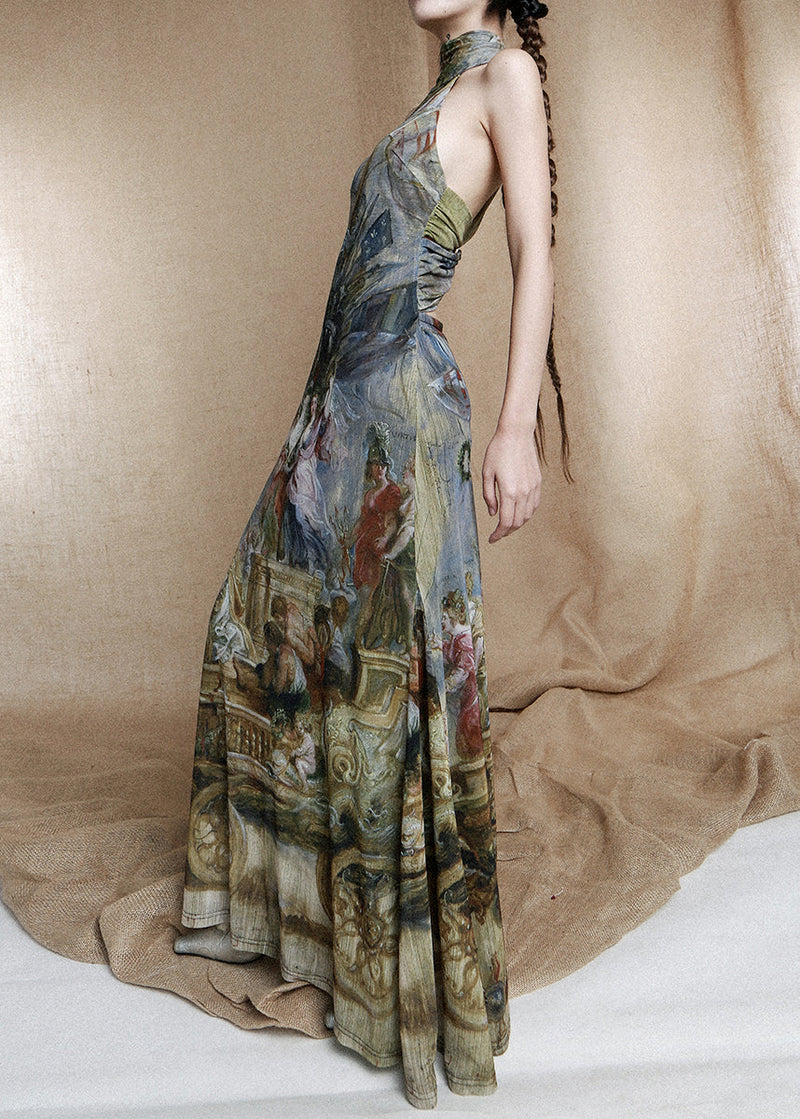 Unique Colorblock Turtleneck Print Cotton Long Dress Sleeveless