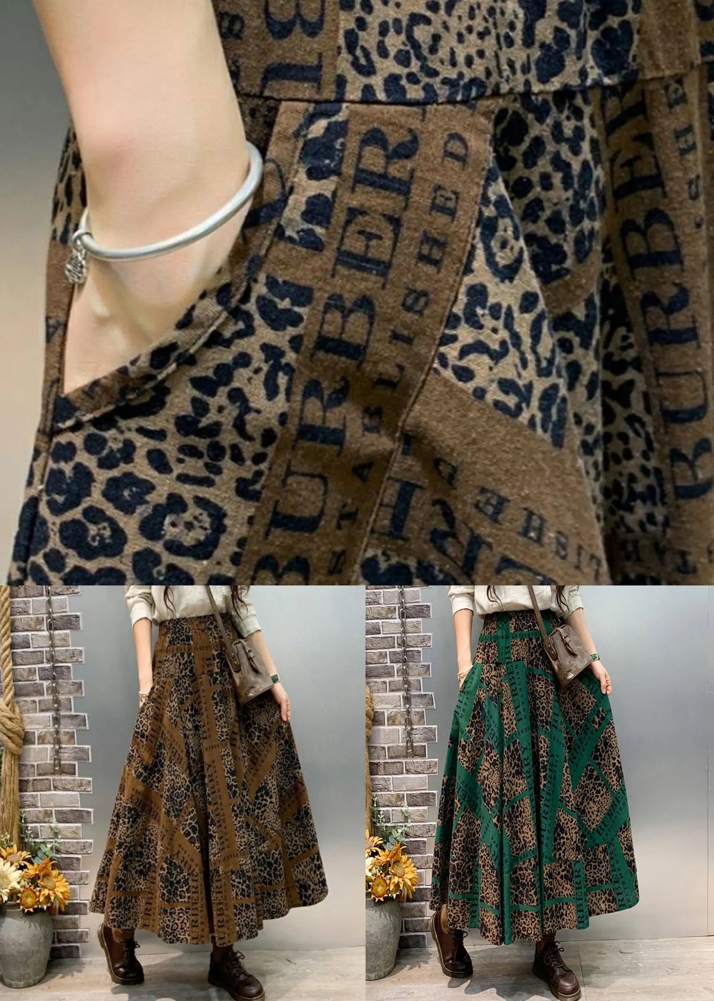 Green Print Pockets Cotton Skirt Fall