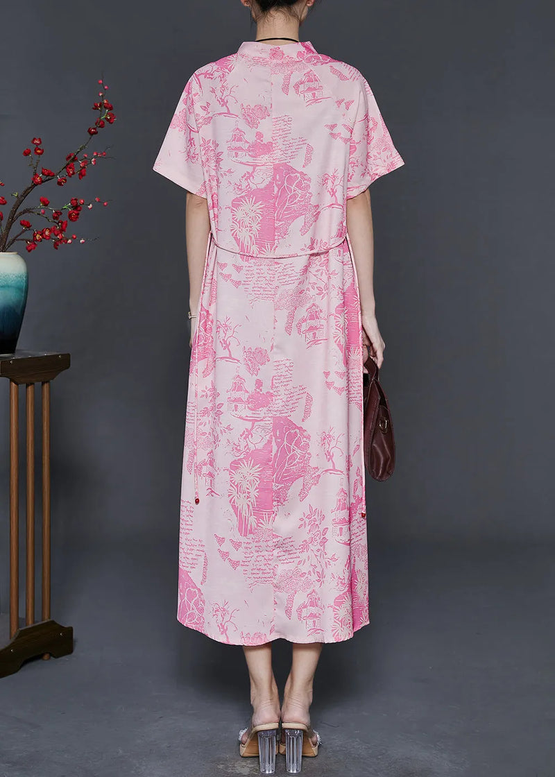 Pink Print Cotton Chinese Style Dress Summer