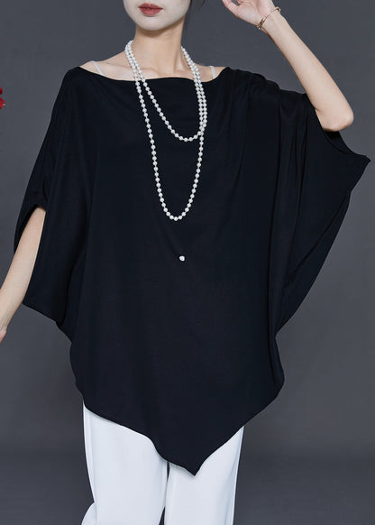 Black Asymmetrical Chiffon Shirts Batwing Sleeve