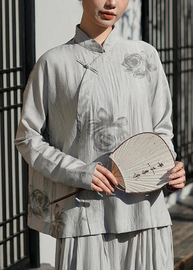 Chinese Style Grey Stand Collar Print Oriental Button Cotton Shirts Spring