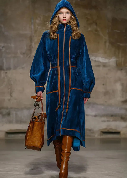 Stylish Blue Hooded Patchwork Velvet Long Coats Fall