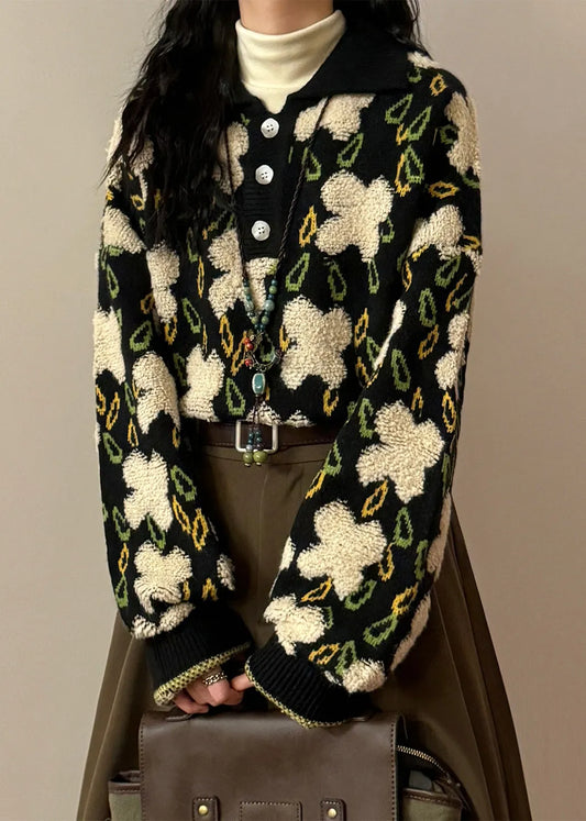 Jacquard Black Peter Pan Collar Button Cozy Knit Sweater Spring