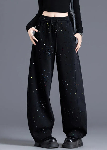 Black Pockets Print Elastic Waist Denim Pants Spring