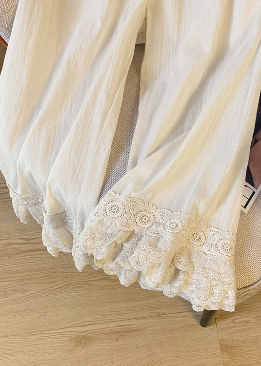 Unique Beige Elastic Waist Patchwork Lace Straight Pants Summer