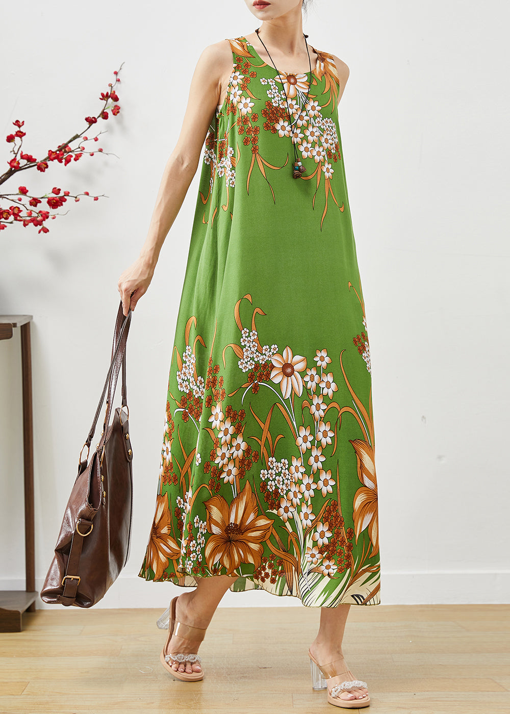 Green Print Cotton a Line Dresses Oversized Sleeveless