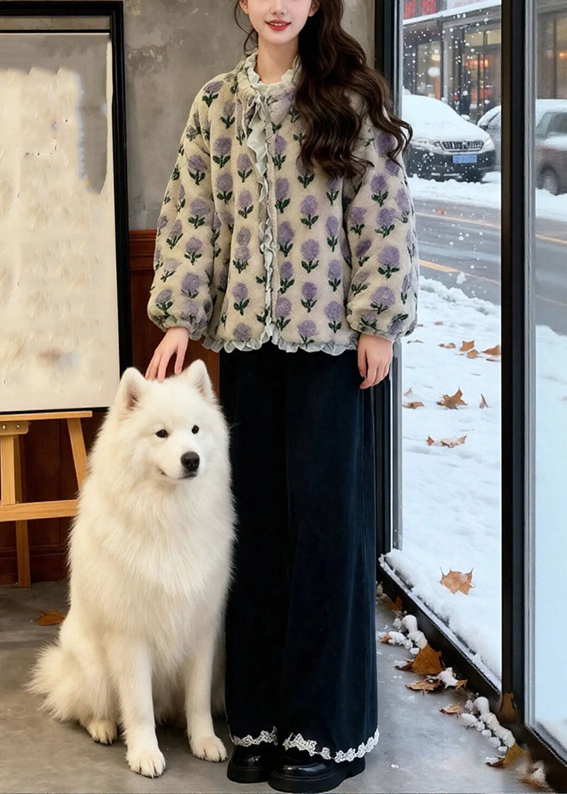 Italian Print Ruffled Patchwork Mink Velvet Coats and Wide Leg Pants Two Pieces Set Winter
