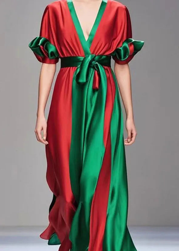 Red Cinched Patchwork Draping Silk Dress Petal Sleeve
