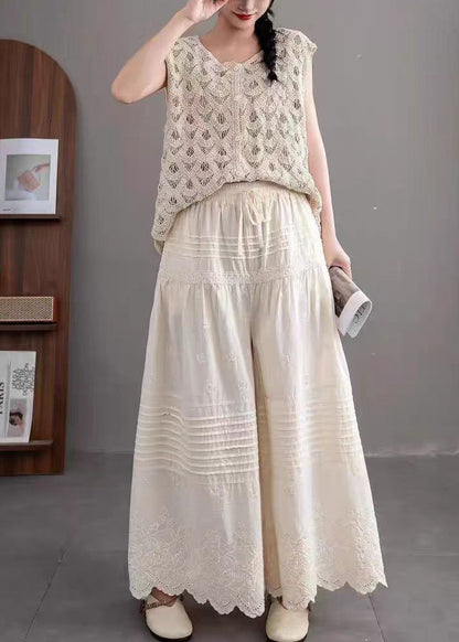 Beige Embroidered Wrinkled Cotton Pants Summer