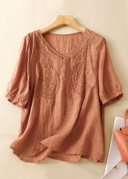 Purple V Neck Embroidered Linen T Shirt Summer