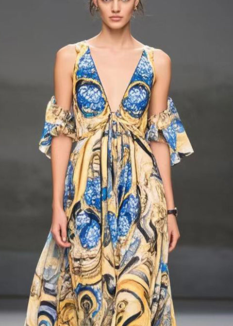Yellow Cold Shoulder Print Chiffon Dress Summer