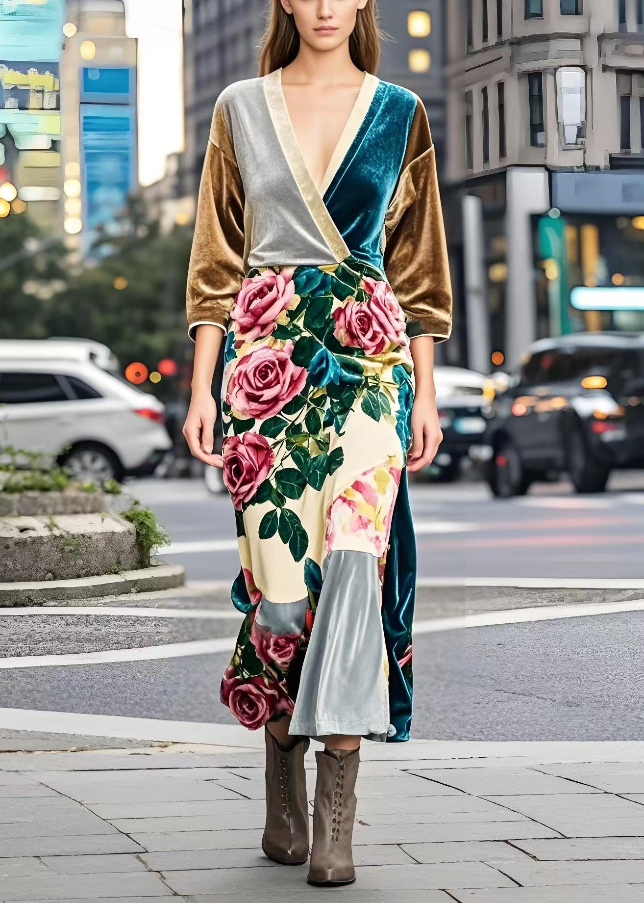 Colorblock V Neck Silk Velvet Dresses Bracelet Sleeve