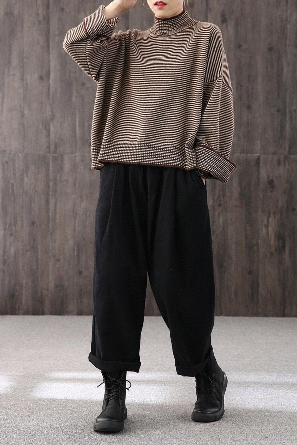Loose High Collar Striped Sweater, Top,stylish Warm Sweater,wide Sleeve Sweater