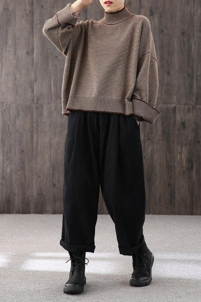 Loose High Collar Striped Sweater, Top,stylish Warm Sweater,wide Sleeve Sweater