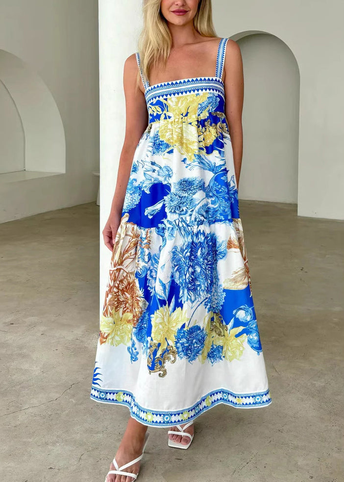 Blue Print Patchwork Cotton Spaghetti Strap Dress Summer