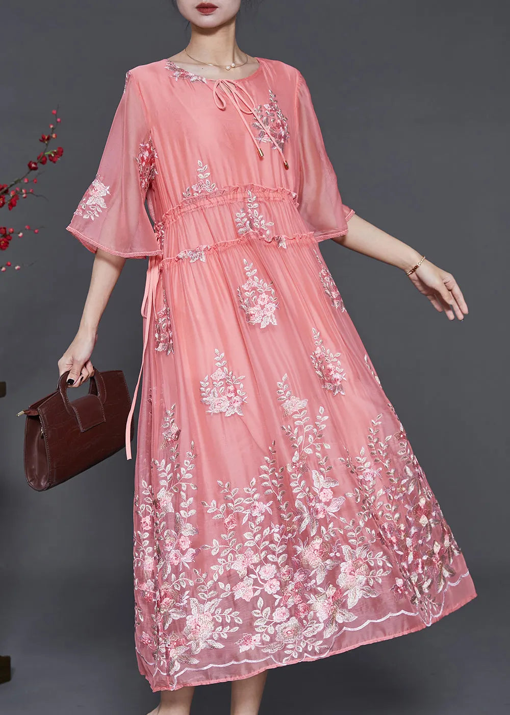 Pink Embroidered Silk Cinched Dress Summer
