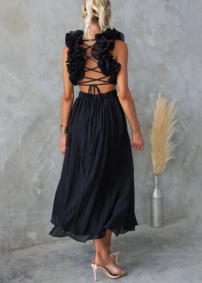 Black Elastic Waist Cotton Long Dresses V Neck Sleeveless