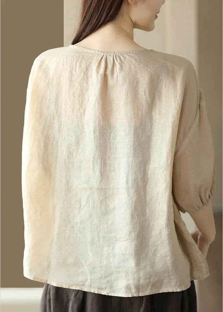 Apricot O-neck Embroidered Low High Design Ramie Shirts Summer