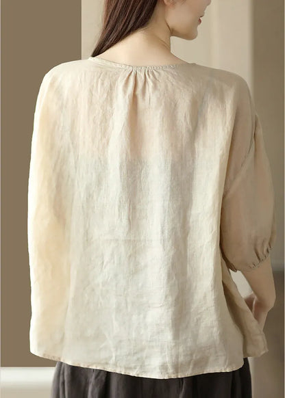 Apricot O-neck Embroidered Low High Design Ramie Shirts Summer