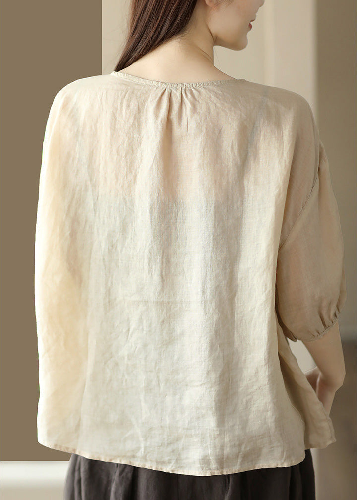 Apricot O-neck Embroidered Low High Design Ramie Shirts Summer