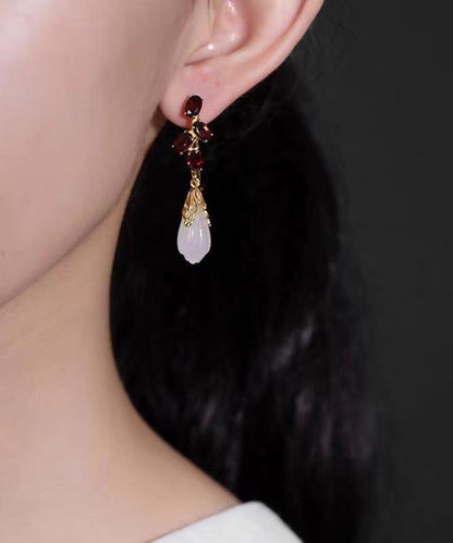 Mulberry Stainless Steel Glass Inlaid Jade Garnet Drop Earrings