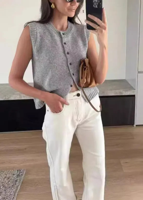 Italian Apricot O Neck Button Knit Vest Cardigans Sleeveless