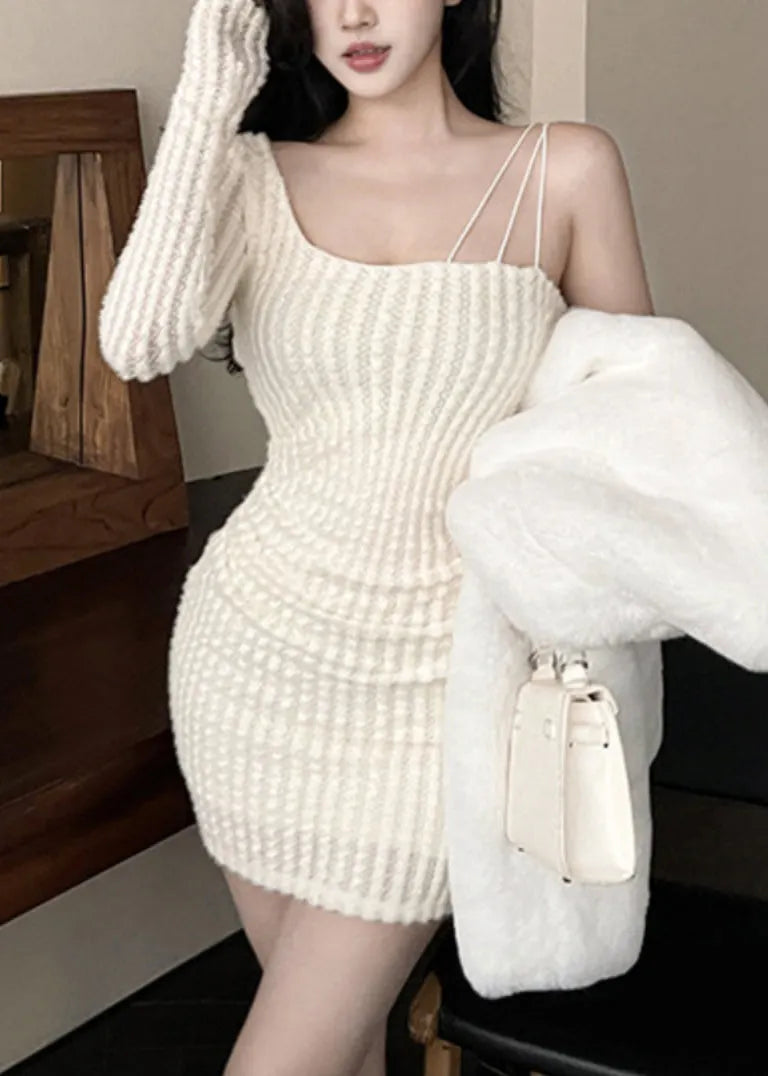 Slim Fit White Asymmetrical Knit Mid Dress Spring