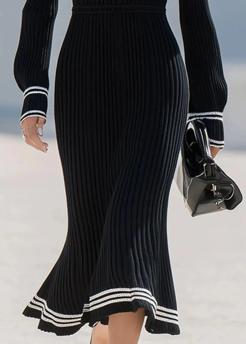 Black V Neck Striped Patchwork Knit Dress Fall