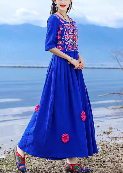 Blue Embroidered Tie Waist Cotton Long Dress Half Sleeve