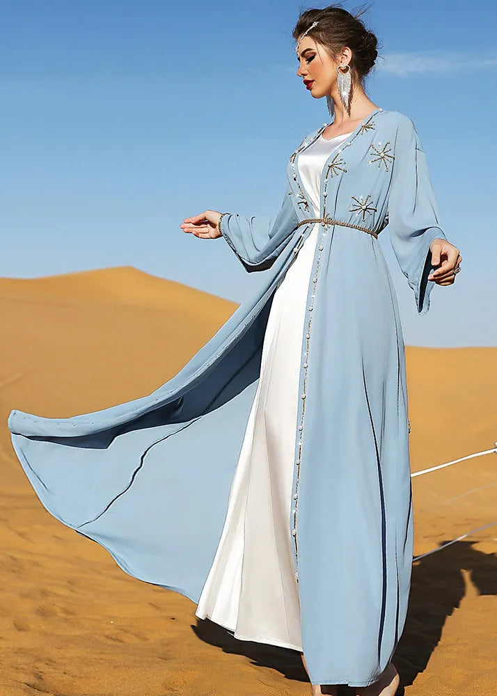 Diy Light Blue V Neck Embroideried Button Maxi Holiday Silk Cardigans Fall