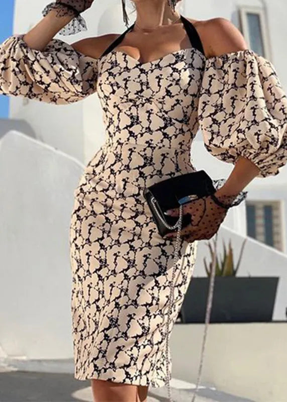 New Apricot Printed Off Shoulder Cotton Dress Lantern Sleeve