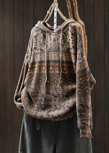 Khaki Hooded Print Cotton Knit Sweater Tops Spring