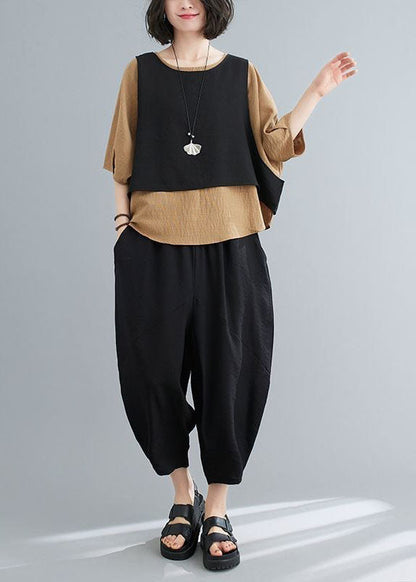 Unique Khaki O-neck Patchwork Cotton Tops and Pants Pieces Set Summer